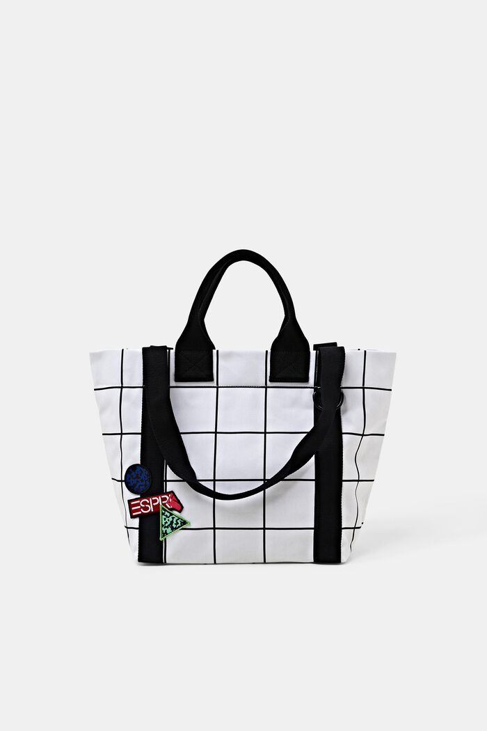 Bavlněná plátěná taška tote s mřížkovaným potiskem, OFF WHITE, detail image number 0