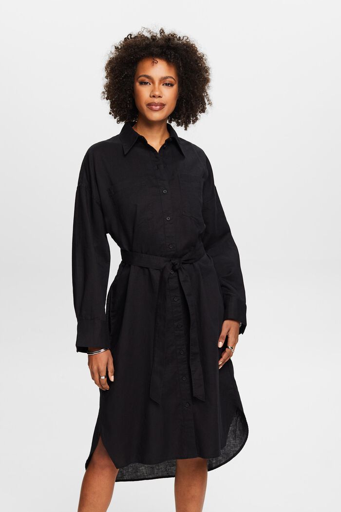 Košilové šaty s opaskem, ze směsi lnu a bavlny, BLACK, detail image number 0