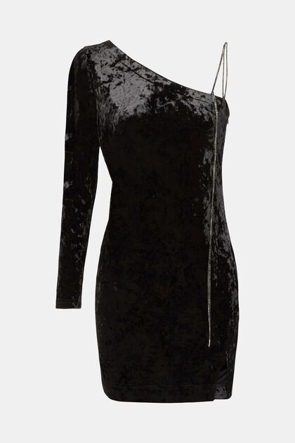 Sametové šaty na jedno rameno s řetízkovým páskem, BLACK, overview