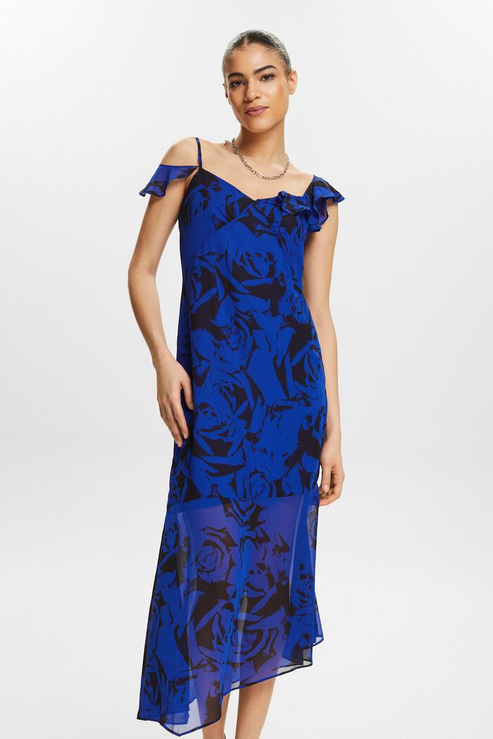 Potištěné šifonové midi šaty s odhalenými rameny, BRIGHT BLUE, detail image number 0