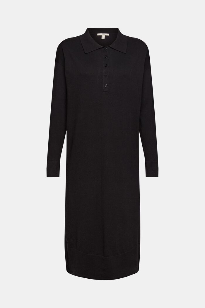 Pletené šaty ve stylu polokošile, směs s bavlnou, BLACK, detail image number 1
