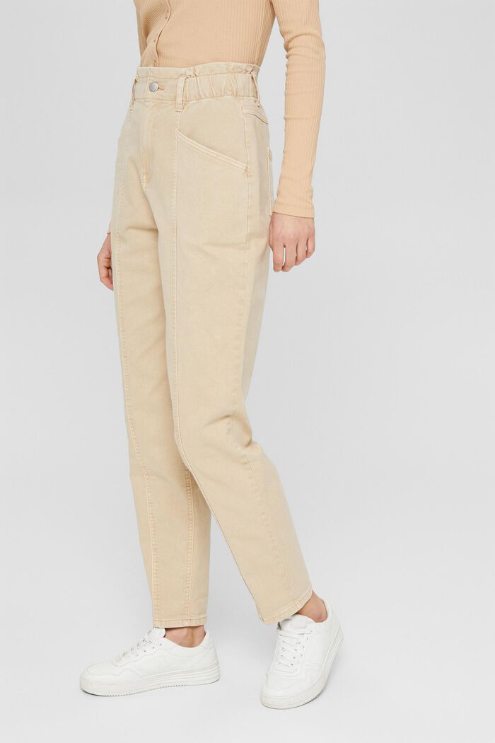 Kalhoty s pasem ve stylu paperbag, bio bavlna, BEIGE, detail image number 0