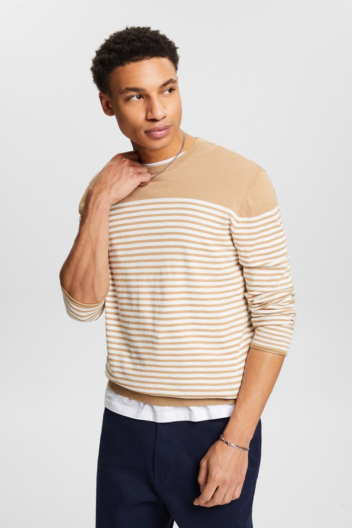 Bavlněný pruhovaný pulovr, BEIGE, detail image number 0