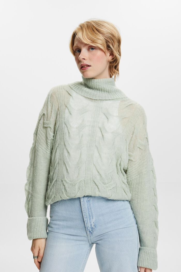 Pletený pulovr s copánkovým vzorem a s nízkým rolákem, LIGHT AQUA GREEN, detail image number 3