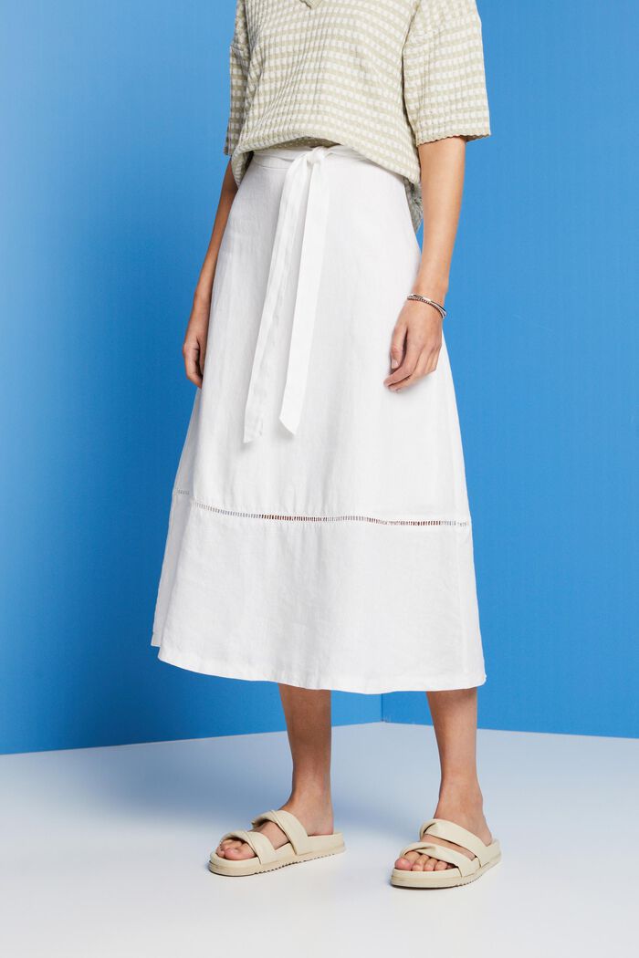 Midi sukně s opaskem, 100% len, WHITE, detail image number 0