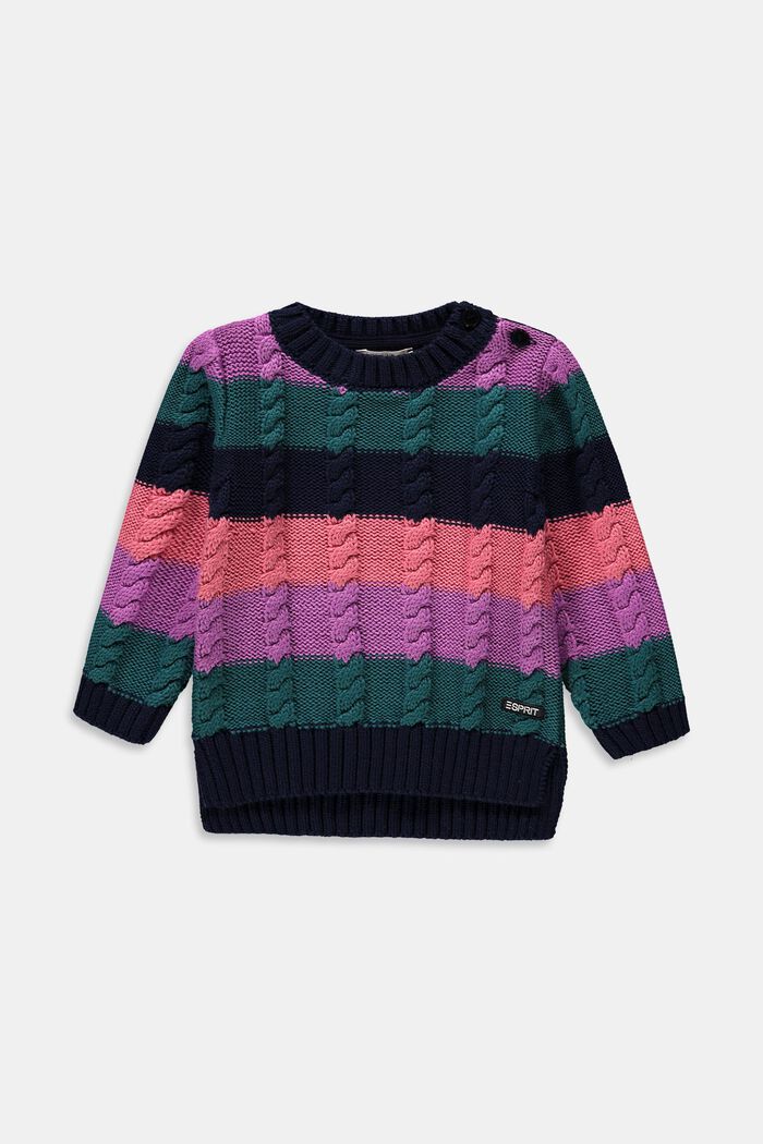 Pruhovaný pulovr z copánkové pleteniny