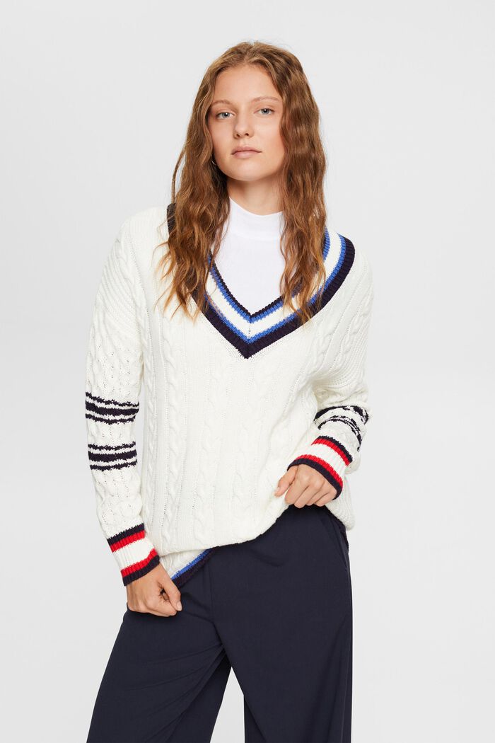 Pletený pulovr se špičatým výstřihem, OFF WHITE, detail image number 1