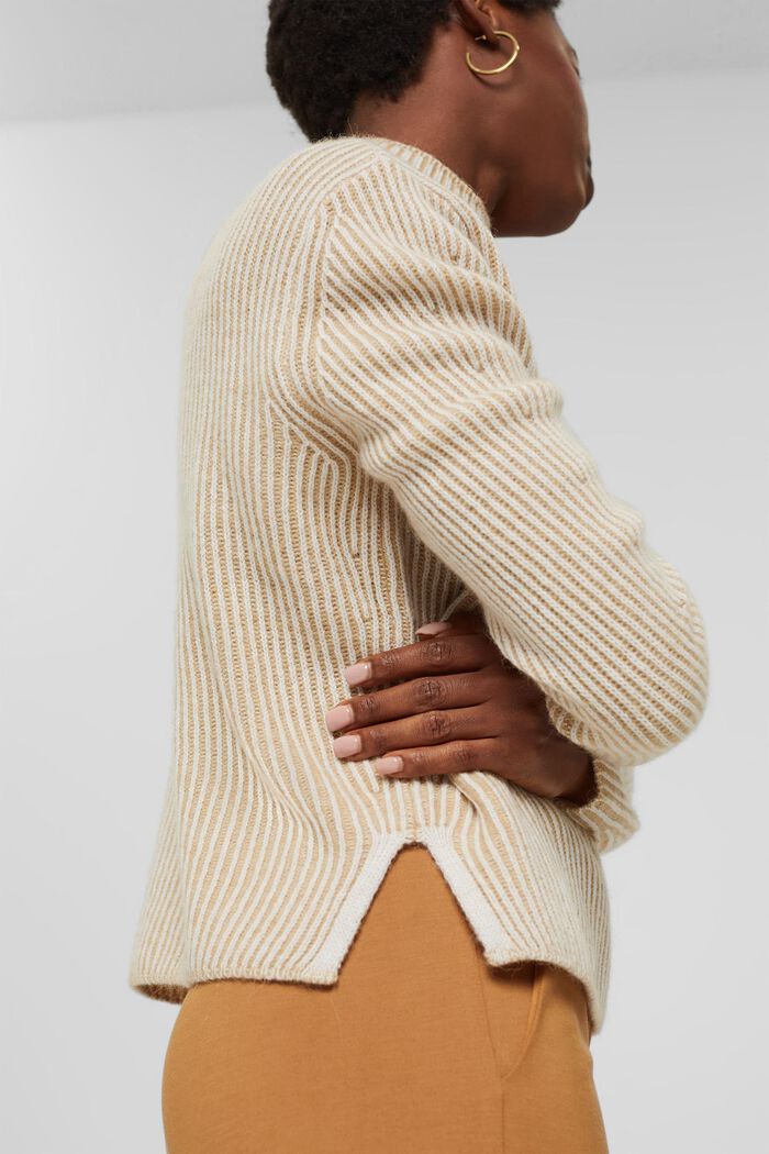 Ze směsi s vlnou: žebrový pulovr s dvoubarevným vzhledem, KHAKI BEIGE, detail image number 5