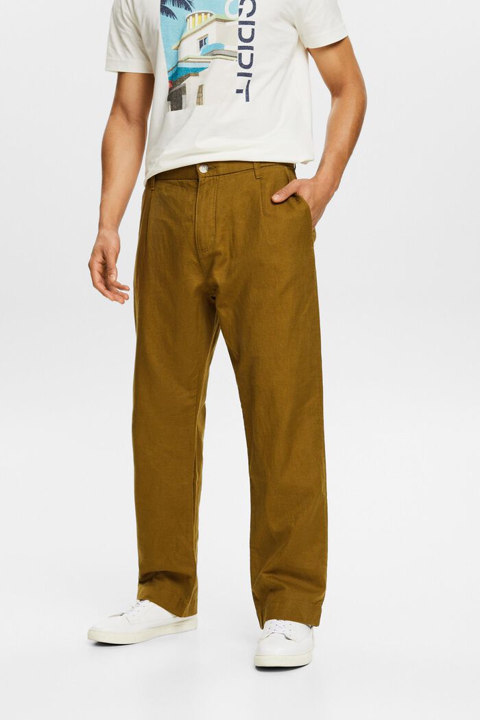 Rovné kalhoty ze směsi lnu a bavlny, OLIVE, detail image number 0