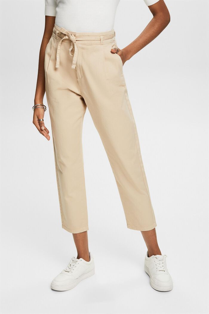 Kalhoty se sklady v pase s opaskem, z bavlny pima, BEIGE, detail image number 0