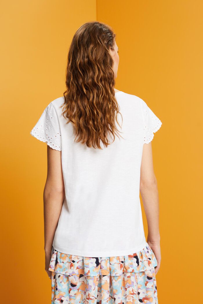 Bavlněné tričko s rukávy s dírkovanou výšivkou, WHITE, detail image number 3