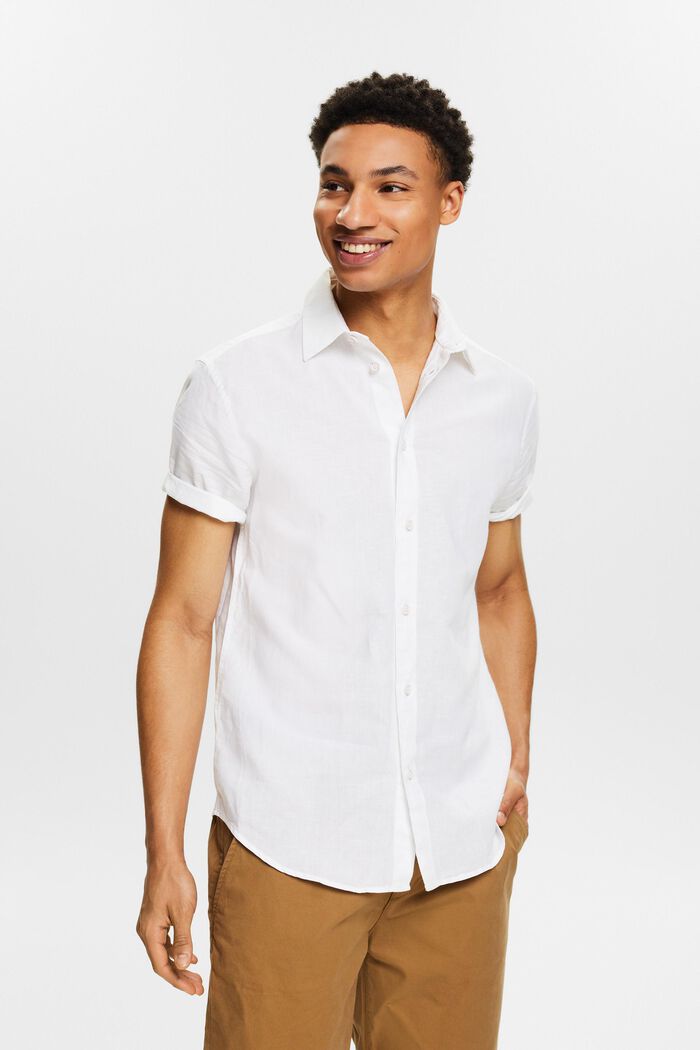Košile s krátkým rukávem, ze směsi lnu a bavlny, WHITE, detail image number 0
