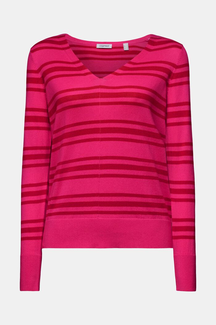 Proužkovaný pulovr se špičatým výstřihem, bavlna, PINK FUCHSIA, detail image number 6