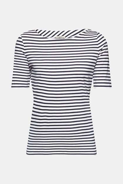 Proužkované bavlněné tričko s lodičkovým výstřihem, WHITE, overview