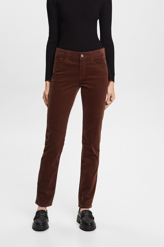 Úzké manšestrové kalhoty se středně vysokým pasem, BROWN, detail image number 0