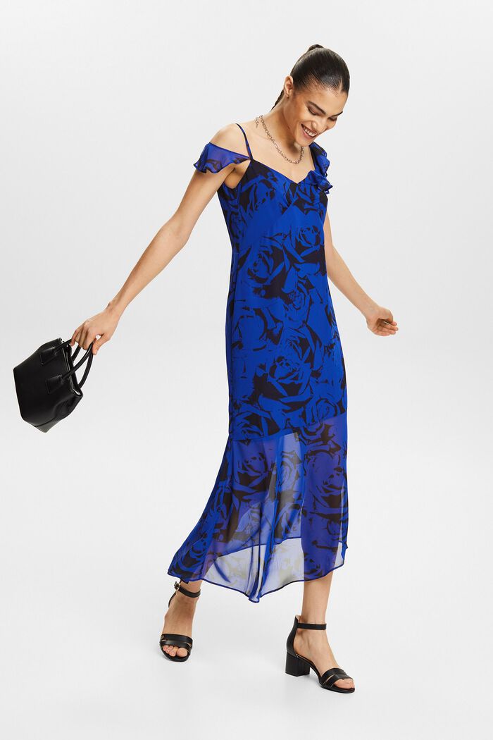 Potištěné šifonové midi šaty s odhalenými rameny, BRIGHT BLUE, detail image number 1