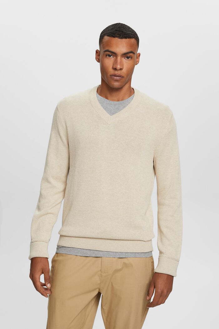 Bavlněný pulovr se špičatým výstřihem, SAND, detail image number 0