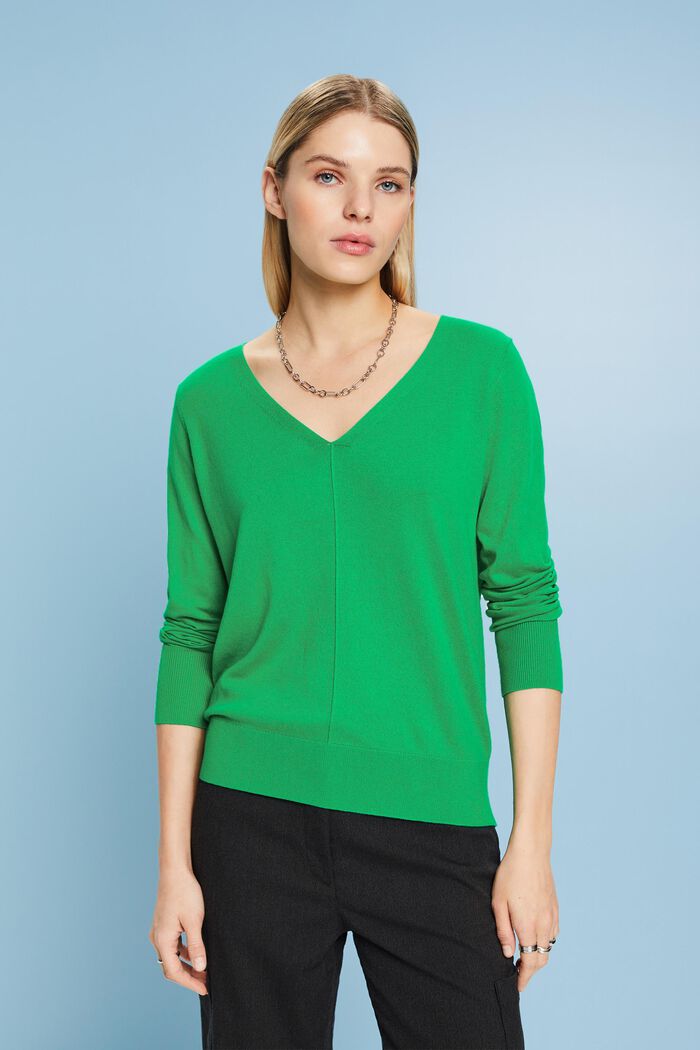 Bavlněný pulovr se špičatým výstřihem, GREEN, detail image number 0