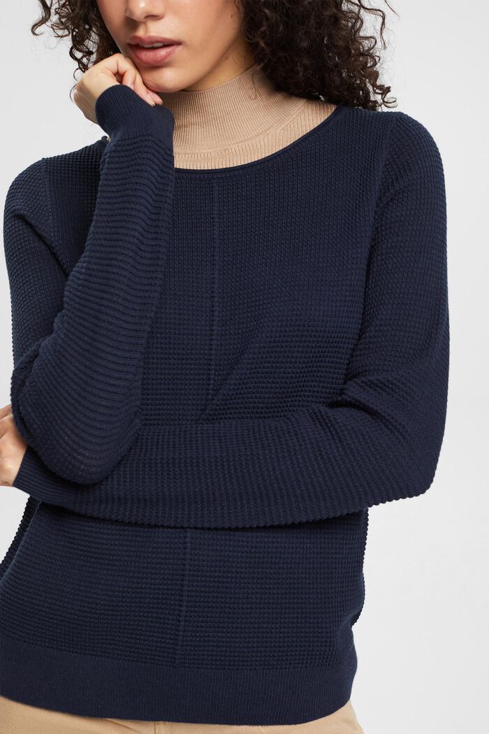 Texturovaný pulovr s kulatým výstřihem, bio bavlna, NAVY, detail image number 0