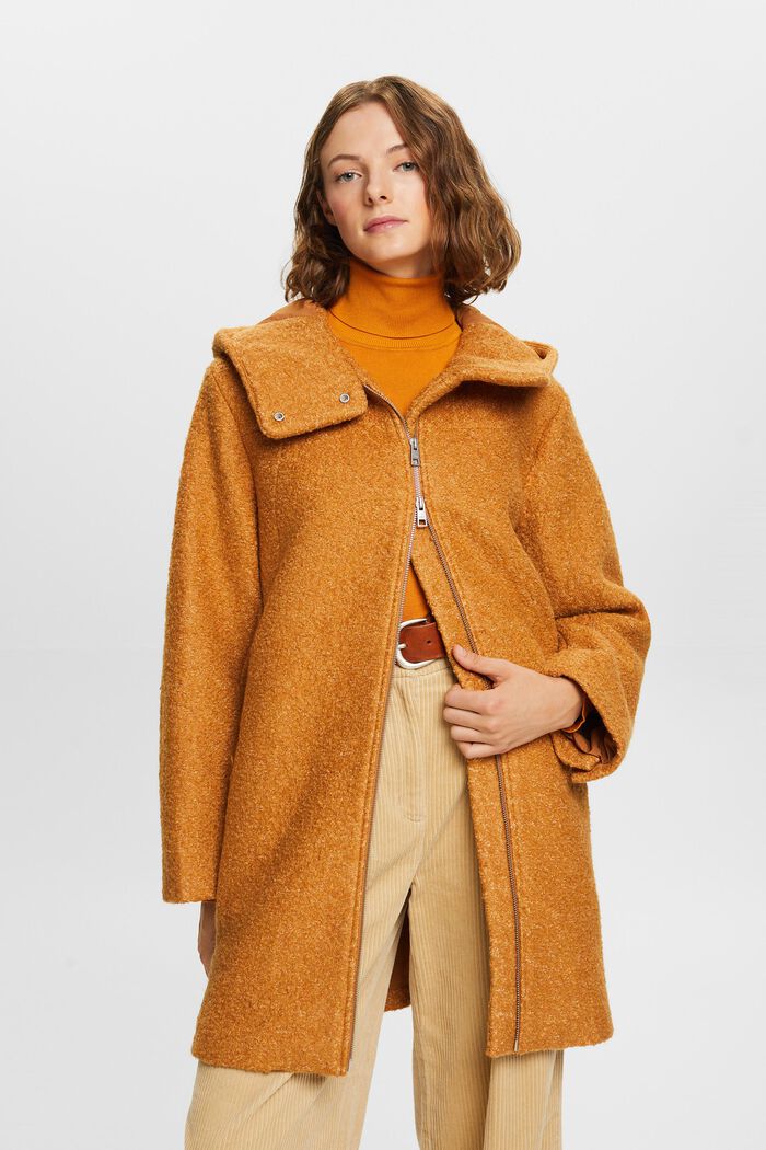 Kabát z vlněné směsi, s kapucí, s vlnitým vzhledem, CARAMEL, detail image number 0