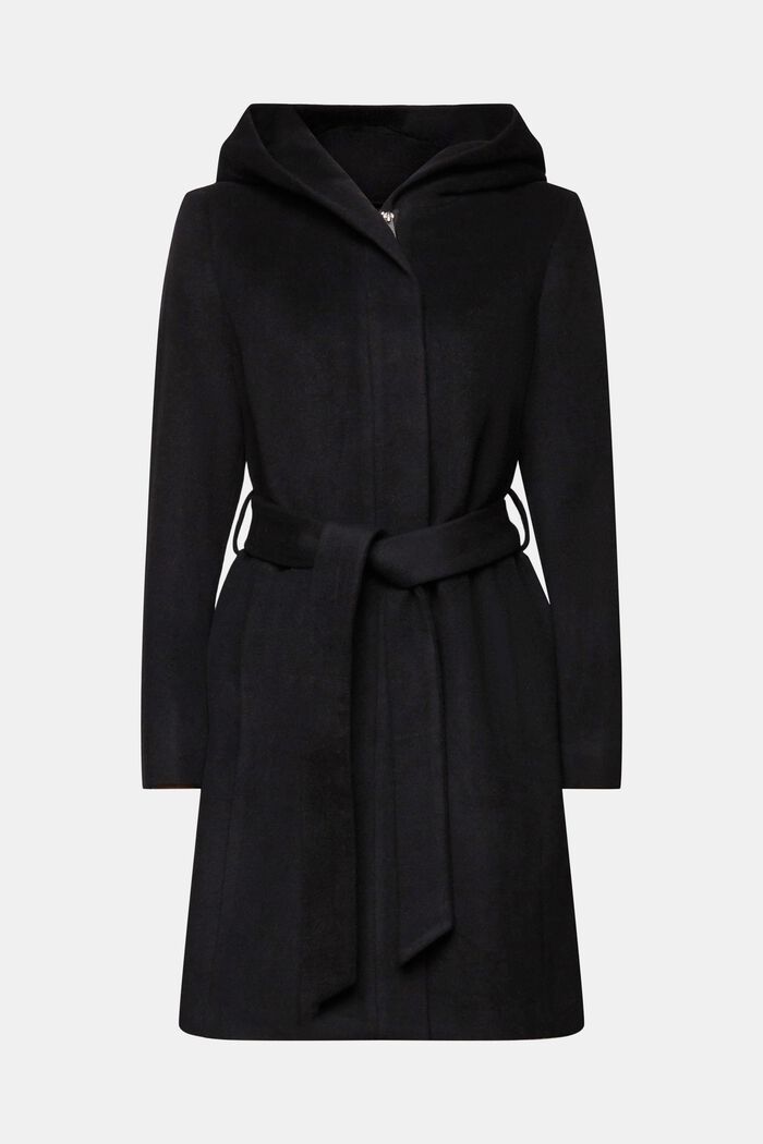 Z recyklovaného materiálu: kabát s kapucí a páskem, ze směsi s vlnou, BLACK, detail image number 5