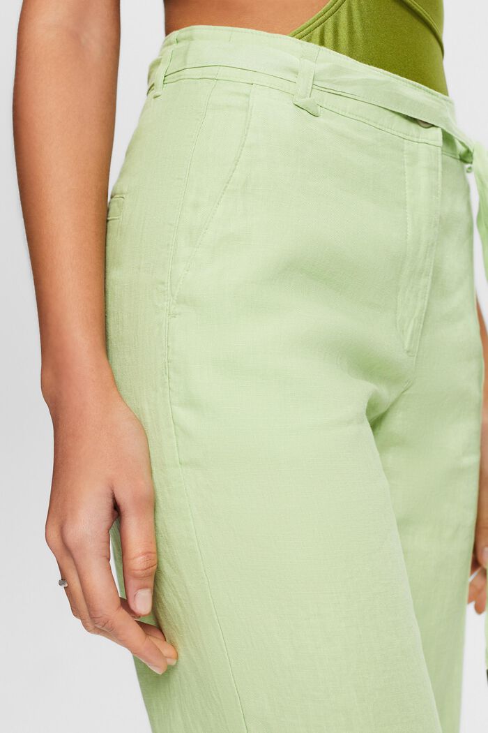 Lněné kalhoty se širokými nohavicemi a opaskem, LIGHT GREEN, detail image number 4