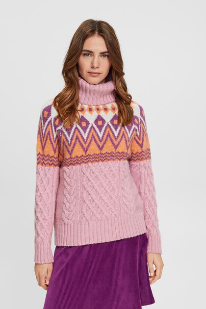 Žakárový pulovr s rolákem, z pleteniny s vlnou, PINK, overview