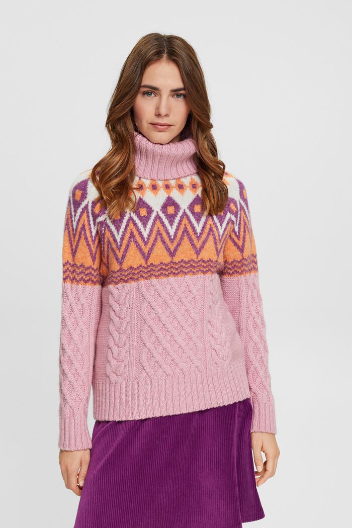 Žakárový pulovr s rolákem, z pleteniny s vlnou, PINK, detail image number 0