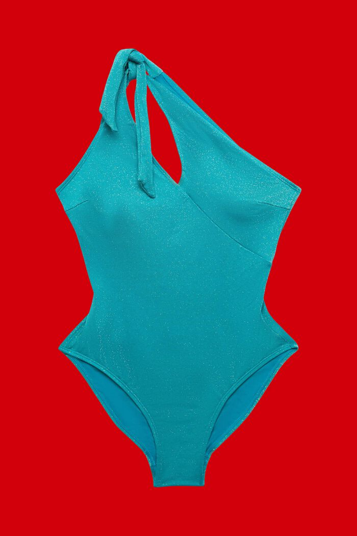 Jednodílné blýskavé plavky, střih na jedno rameno, TEAL BLUE, detail image number 3