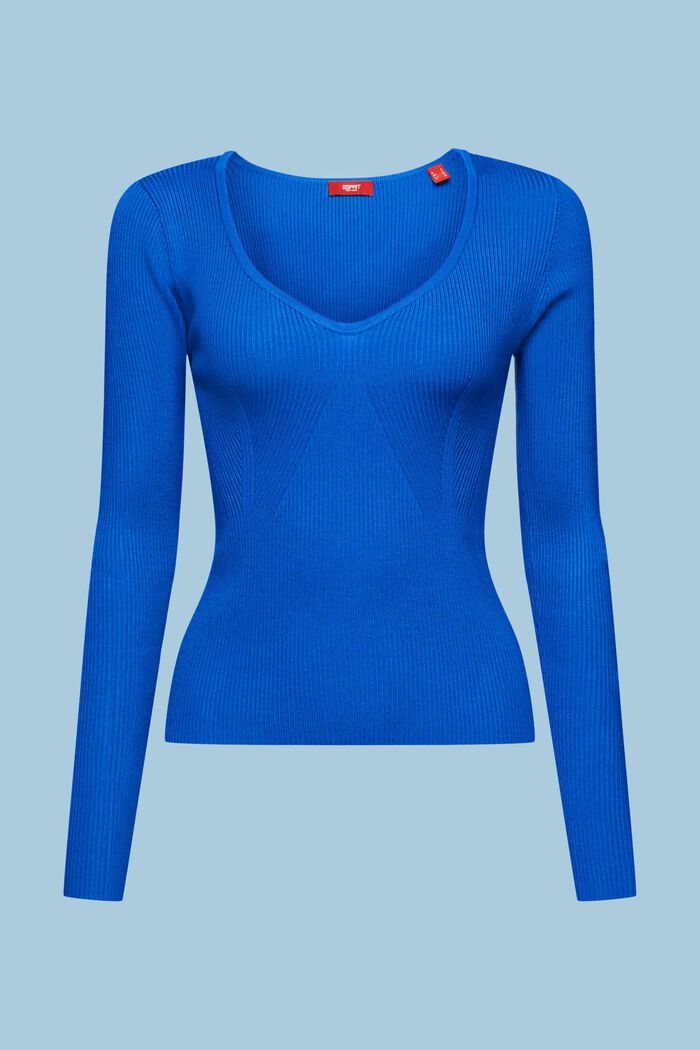 Pulovr z žebrové pleteniny se špičatým výstřihem, BRIGHT BLUE, detail image number 6