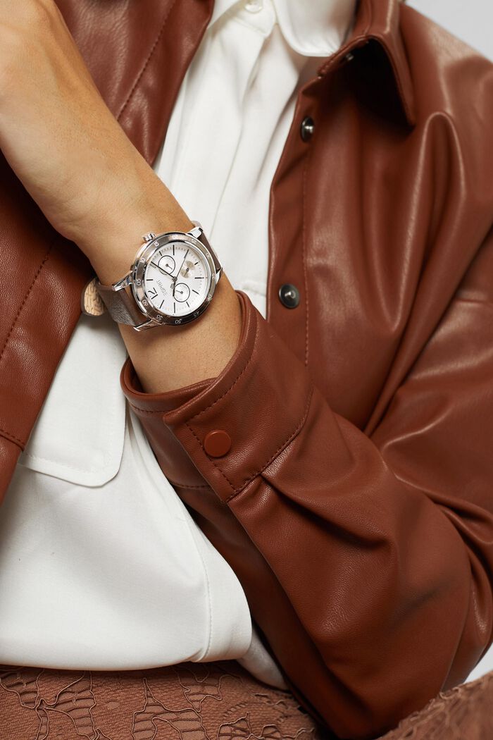 Multifunkční hodinky s koženým páskem, DARK BROWN, detail image number 2