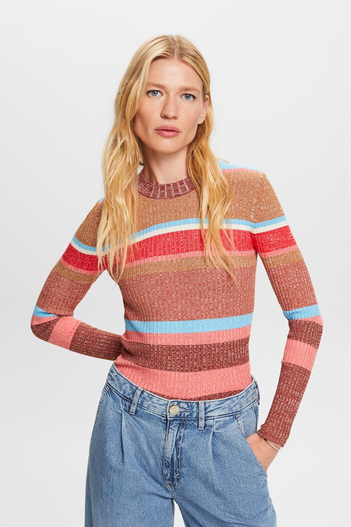 Pruhovaný pulovr z žebrové pleteniny, LENZING™ ECOVERO™, RUST BROWN, detail image number 0