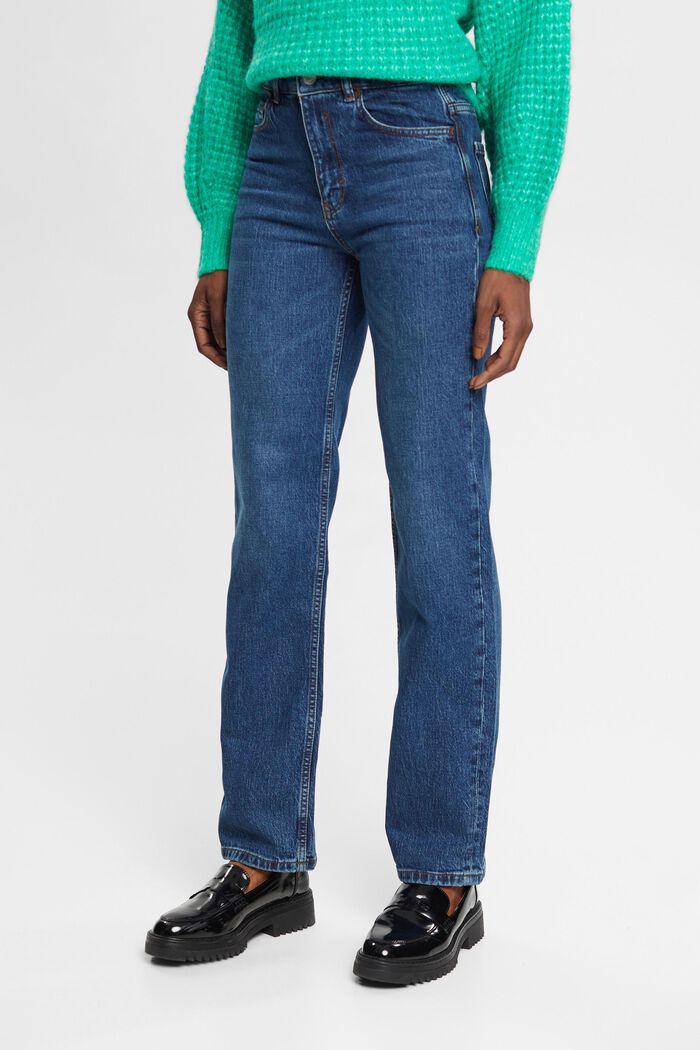 Strečové džíny s vysokým pasem, rovné nohavice, BLUE MEDIUM WASHED, detail image number 1