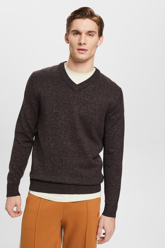 Dvoubarevný pletený pulovr se špičatým výstřihem, DARK BROWN, detail image number 0