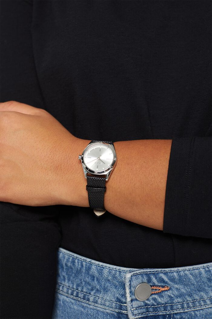 Nerezové hodinky se strukturovaným koženým páskem, BLACK, detail image number 2