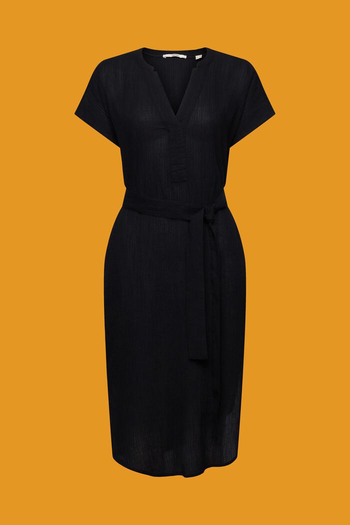 Midi šaty s páskem, zmačkaný materiál, BLACK, detail image number 7