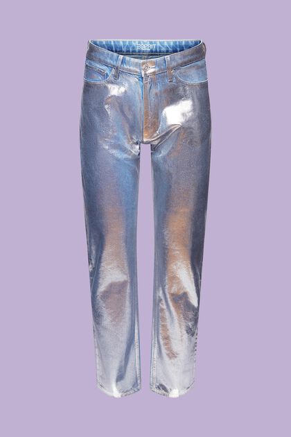 Džíny s rovnými nohavicemi a metalickým povrchem