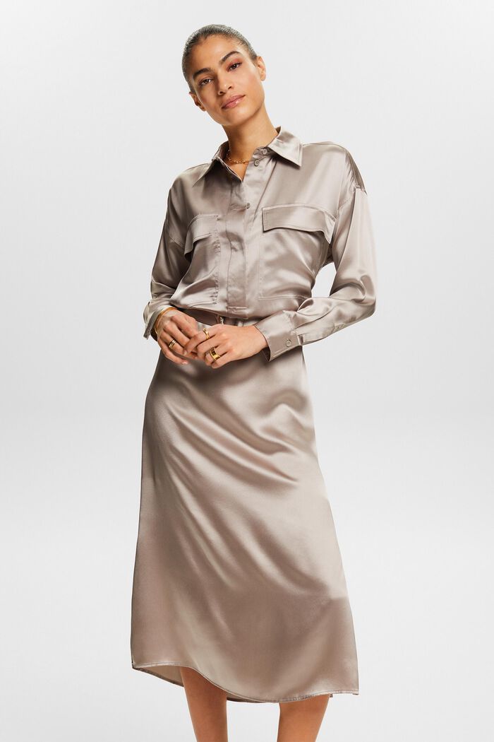 Hedvábné saténové midi šaty s opaskem, LIGHT TAUPE, detail image number 0