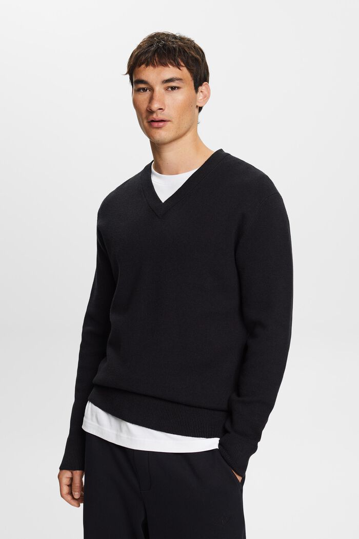 Basic pulovr se špičatým výstřihem, směs s vlnou, BLACK, detail image number 1