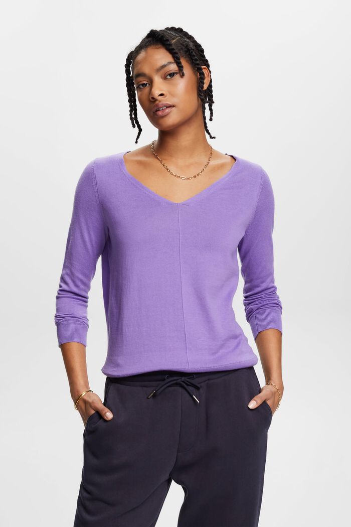 Bavlněný pulovr se špičatým výstřihem, PURPLE, detail image number 0