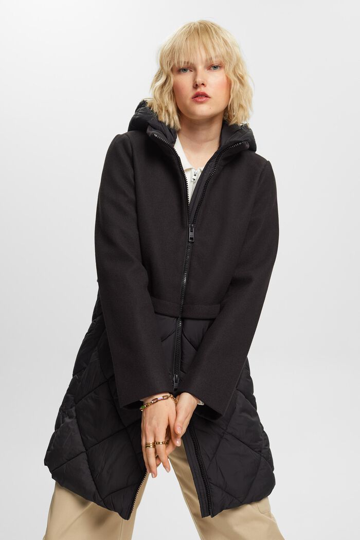 Kabát s kapucí ze směsového materiálu, BLACK, detail image number 0