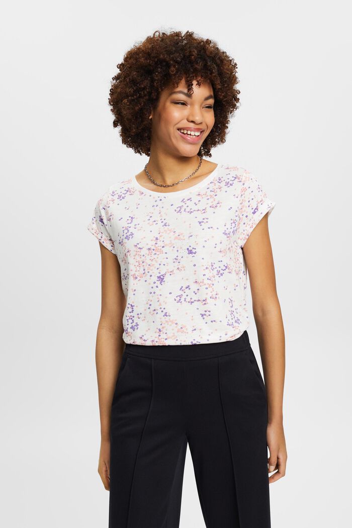 Bavlněné tričko s květinovým potiskem, OFF WHITE, detail image number 0