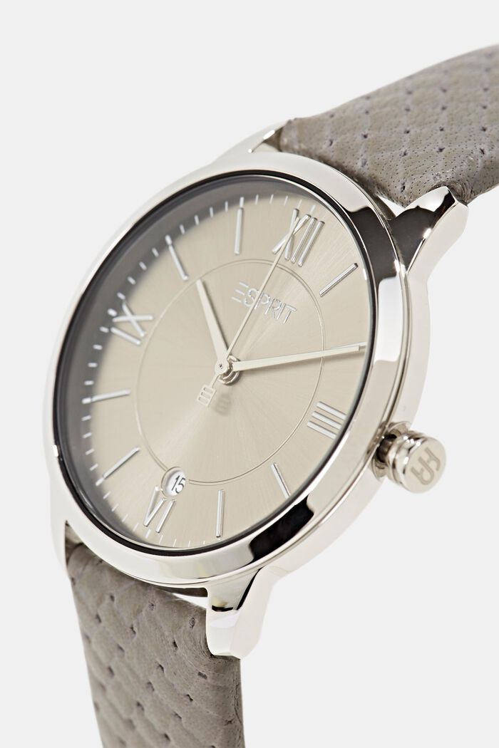 Nerezové hodinky se strukturovaným koženým náramkem, GREY, detail image number 1