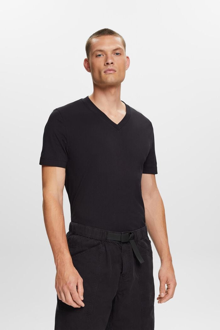 Žerzejové tričko se špičatým výstřihem, 100% bavlna, BLACK, detail image number 0