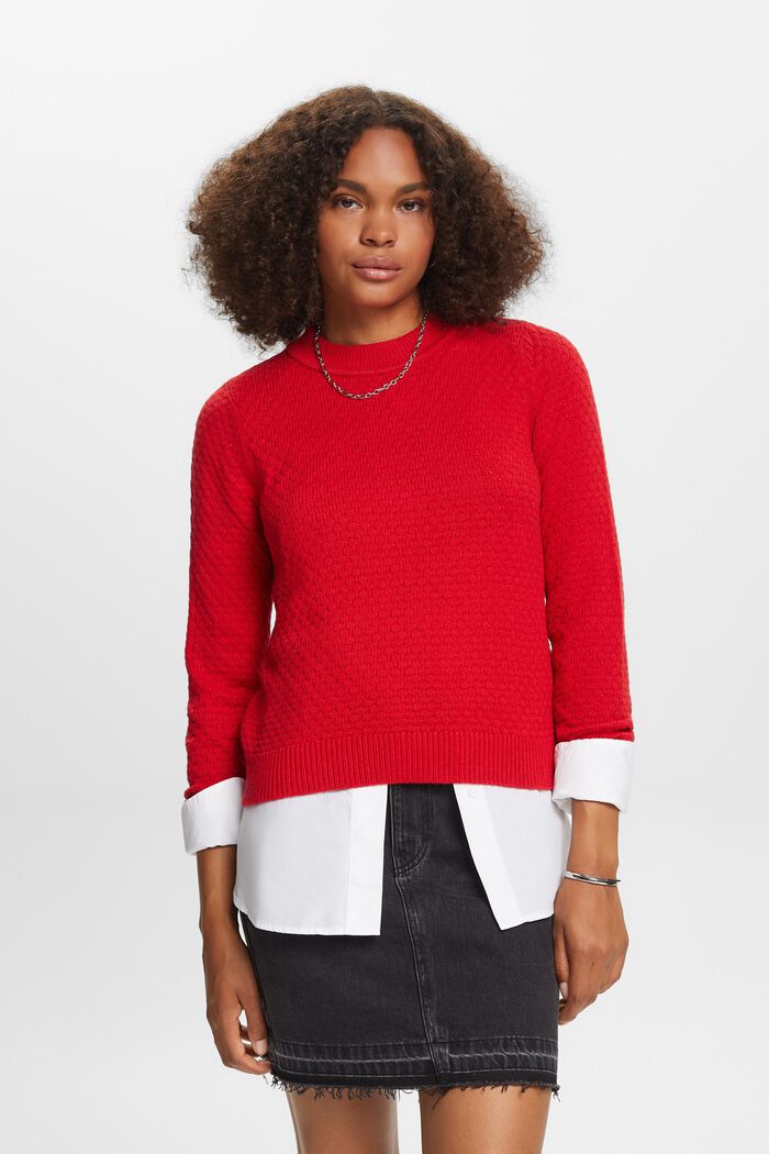 Texturovaný pletený pulovr, směs s bavlnou, DARK RED, detail image number 0
