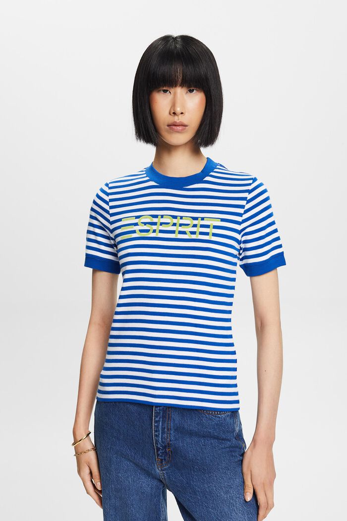 Proužkované bavlněné tričko s potiskem loga, BRIGHT BLUE, detail image number 0