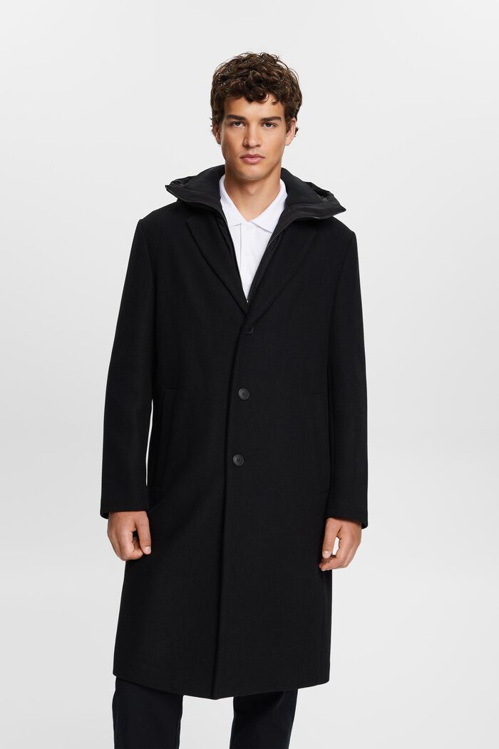 Kabát z vlněné směsi, s odnímatelnou kapucí, BLACK, detail image number 0