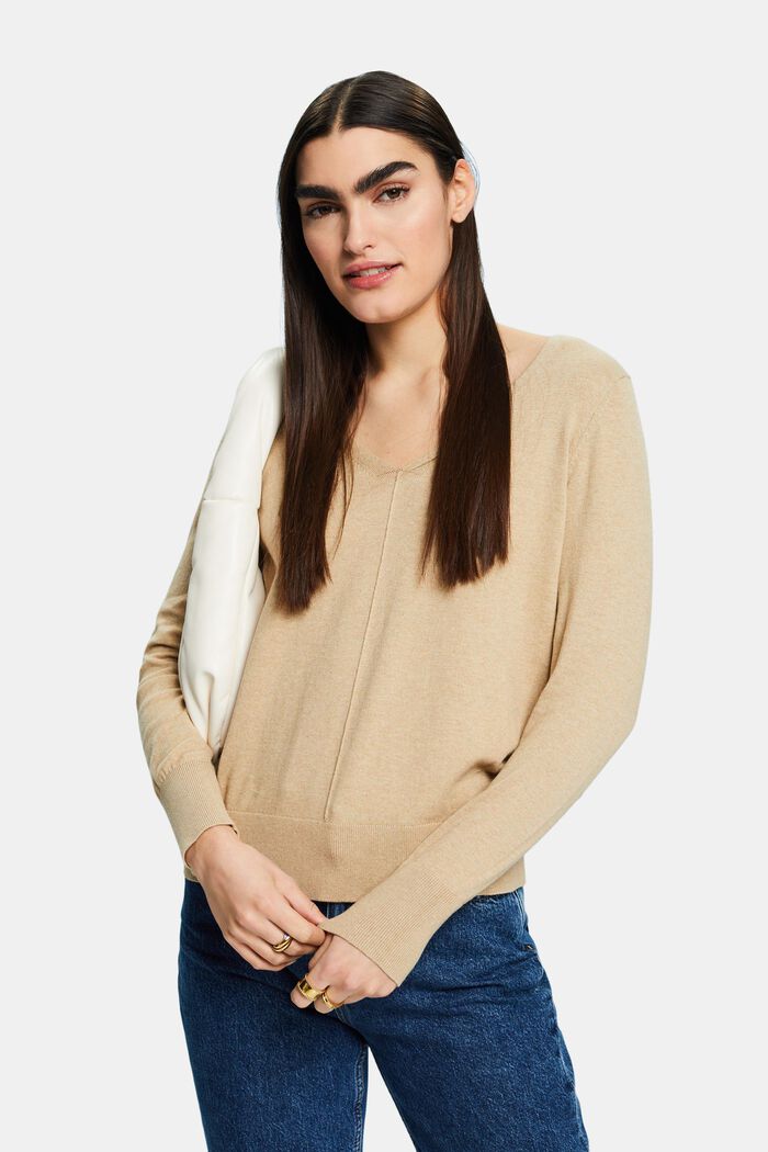 Bavlněný pulovr se špičatým výstřihem, SAND, detail image number 0
