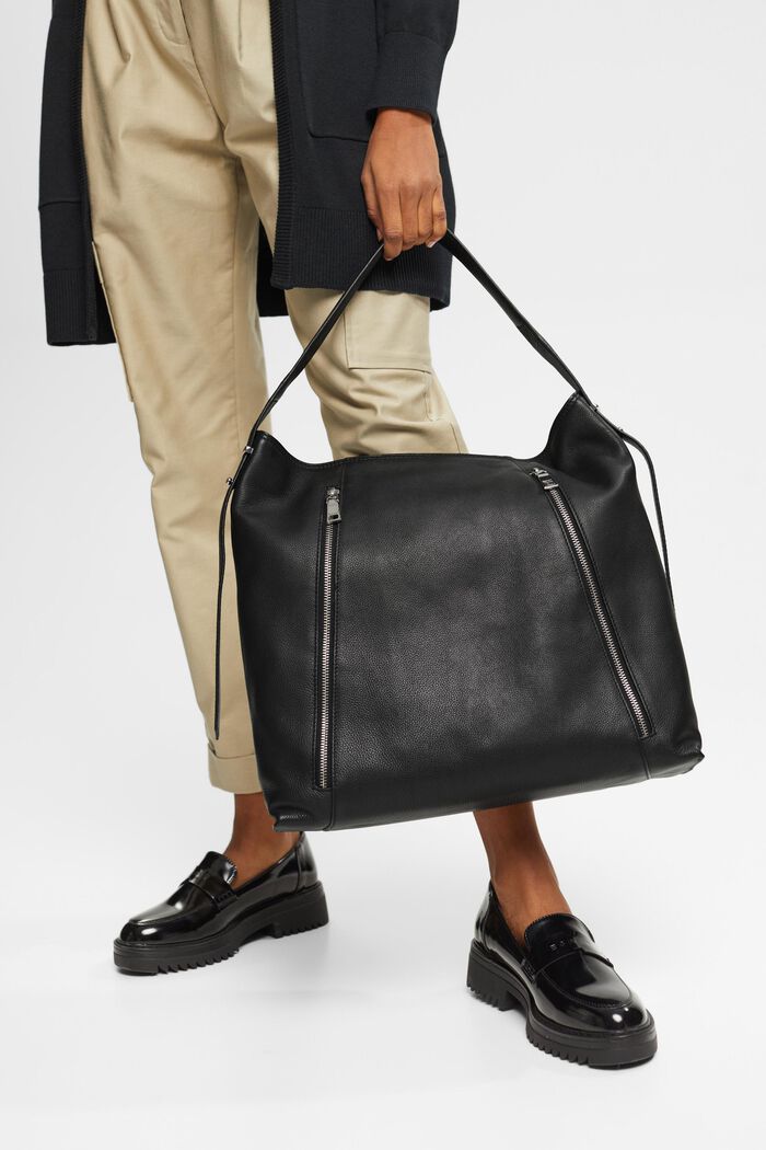 Kožená kabelka s přihrádkami na zip, BLACK, detail image number 6