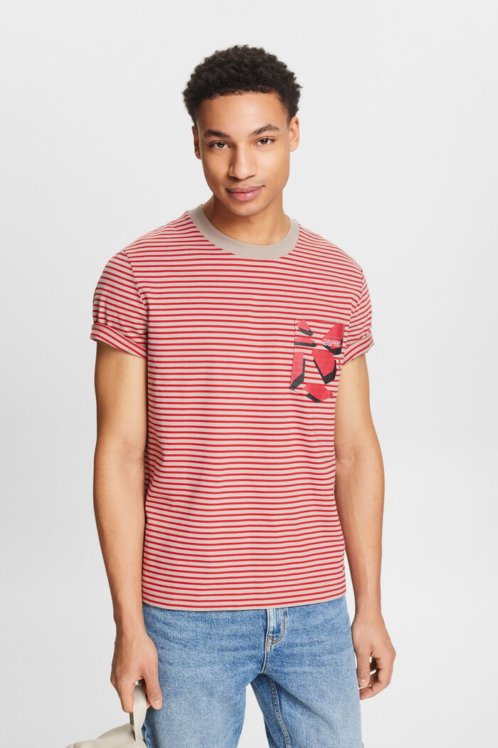 Pruhované tričko z bavlněného žerzeje, DARK RED, detail image number 0